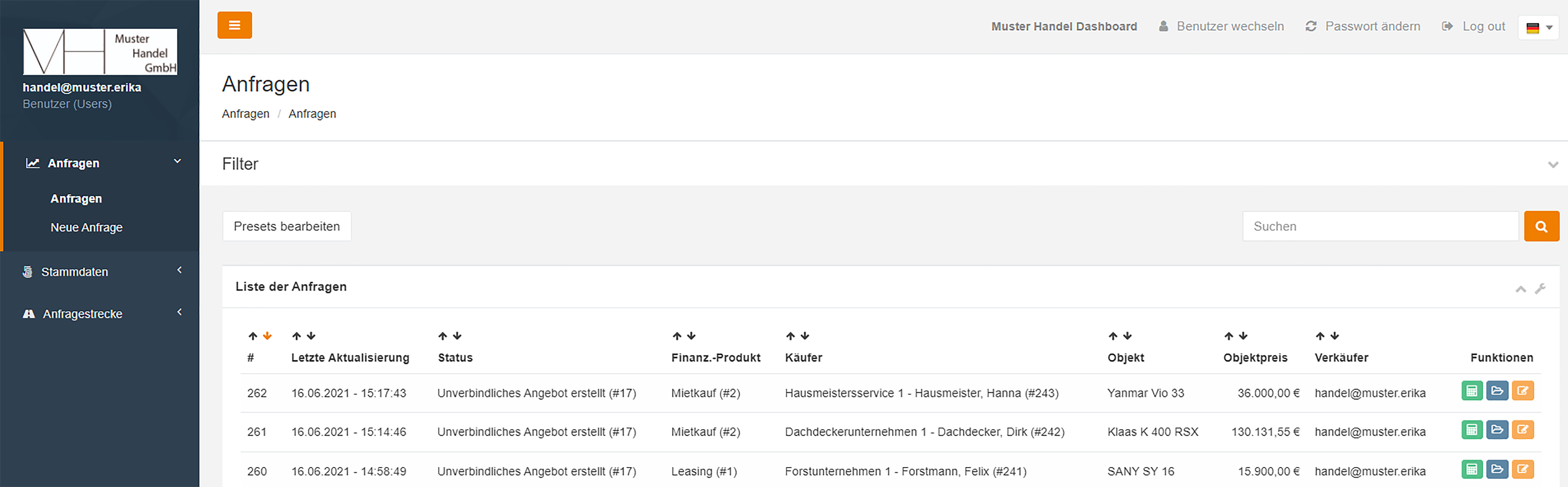 leasinGoPLUS Dashboard zur Absatzfinanzierung für Händler: Anfragen-Übersicht